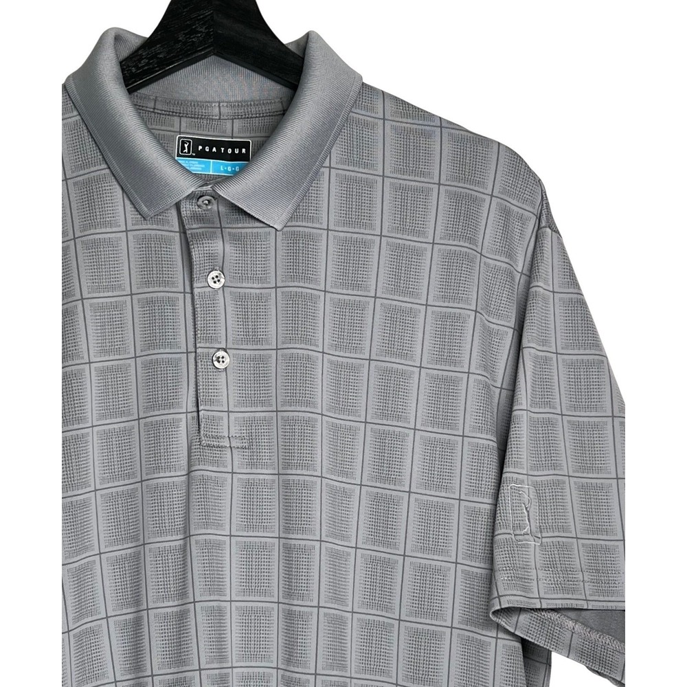 PGA Tour Mens Gray Grid Print Performance Golf Polo Shirt Size Large L Short Slv